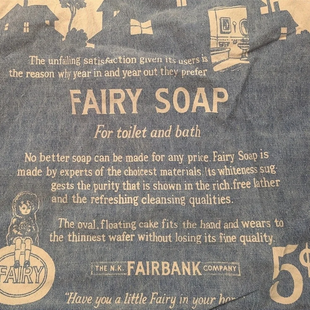 Antique Fairy Soap Indigo Denim  Laundry Bag N.K. Fairbank Co Advertising Art